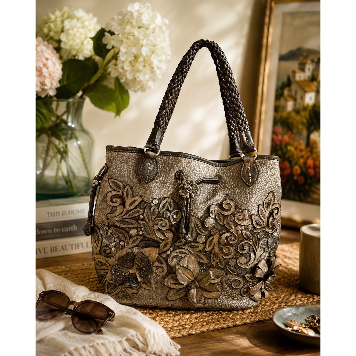 Brighton Leather Pearl Embellished Pewter "Catch The Moon" Bucket Handbag